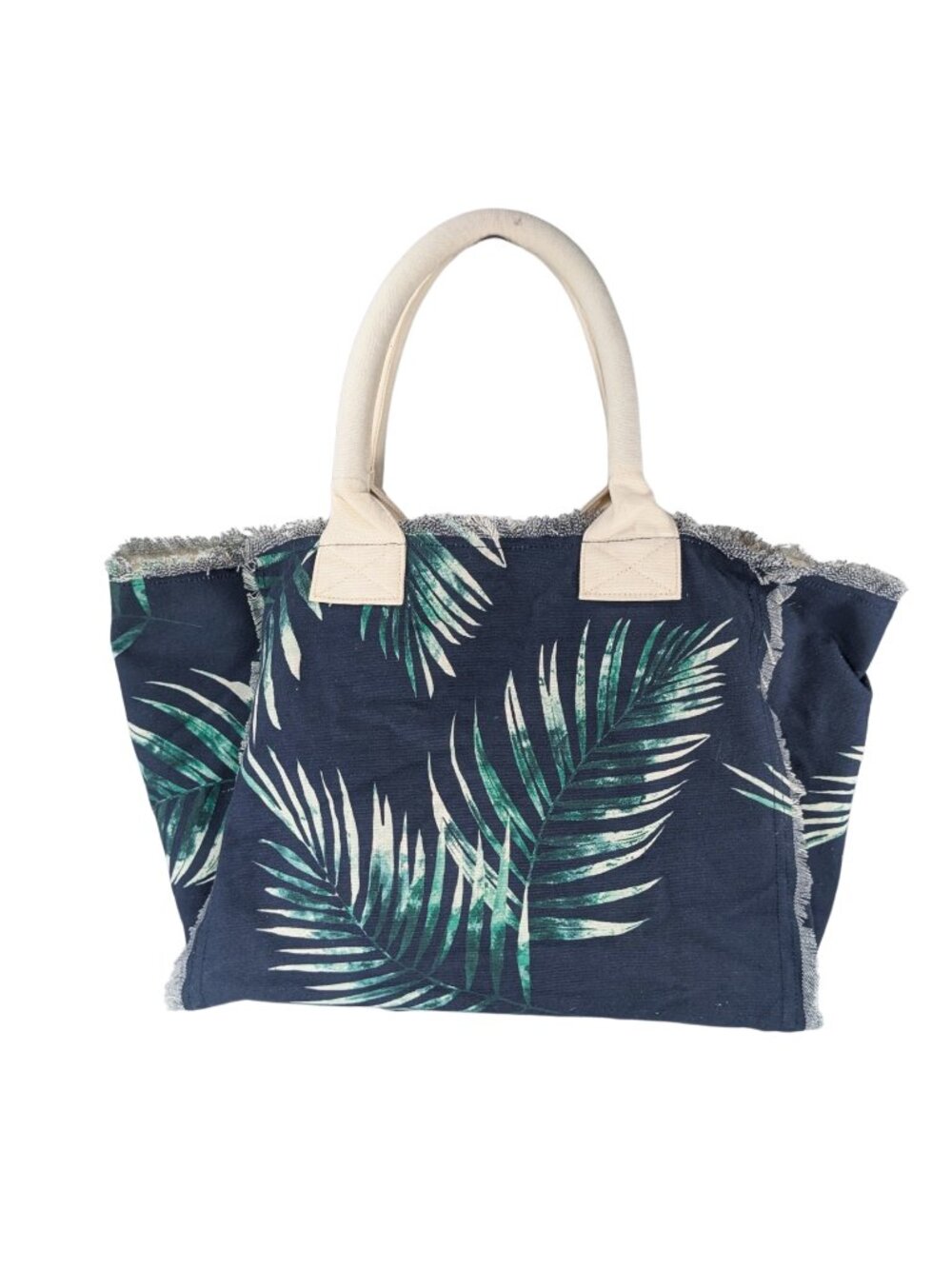 G by Giuliana Blue Canvas Raw Edge Frayed Trim Tropical Leaf Beach Pool Zip Tote